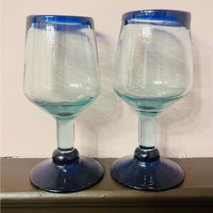 Blue Rim Handblown Glass Wine Goblets - Set of 2